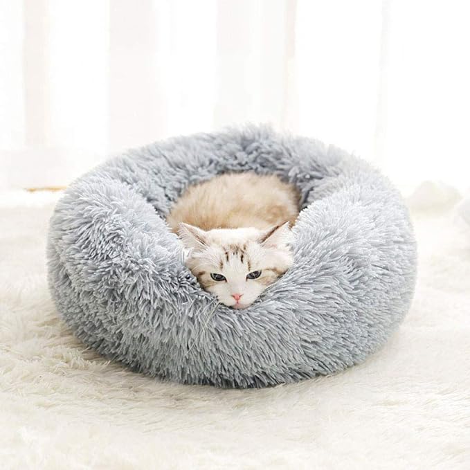 Modern Soft Plush Round Pet Bed for Cats or Small Dogs, Mini Medium Sized Dog Cat Bed Self Warming Autumn Winter Indoor Snooze Sleeping Cozy Kitty Teddy Kennel (20'' D x 8'' H, Light Grey)