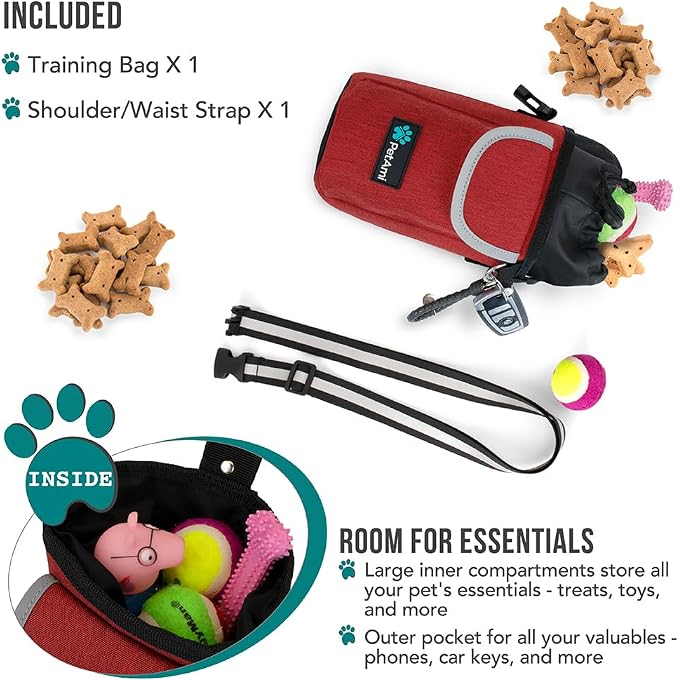 PetAmi Dog Treat Pouch, Large Hands-Free Training Bag, Red | Built-In Poop Bag Dispenser, Holds 3 Cups Of Treats, 4 Ways to Wear, D-Ring, Reflective Strap, Dog Treat Bag for Walking