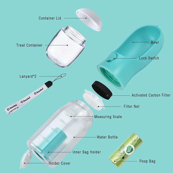 Cibaabo Dog Water Bottle with Food Container & Poop Bag Holder, Travel Water Bowl, Portable Pet Dispenser, Dog Gifts Stuff Accessories Items, Puppy Essentials for Yorkie Chihuahua Walking Hiking