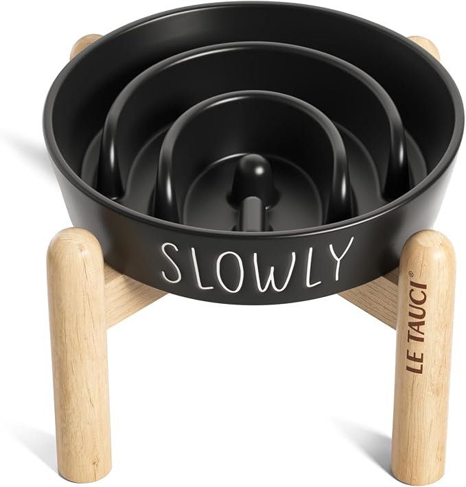 LE TAUCI PET Ceramic Slow Feeder Dog Bowls Elevated, 0.6 Cups Raised Dog Bowl with Wooden Stand for Small Breed to Slow Down Eating, Puzzle Food Bowl,Black