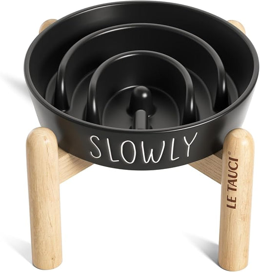 LE TAUCI PET Ceramic Slow Feeder Dog Bowls Elevated, 0.6 Cups Raised Dog Bowl with Wooden Stand for Small Breed to Slow Down Eating, Puzzle Food Bowl,Black