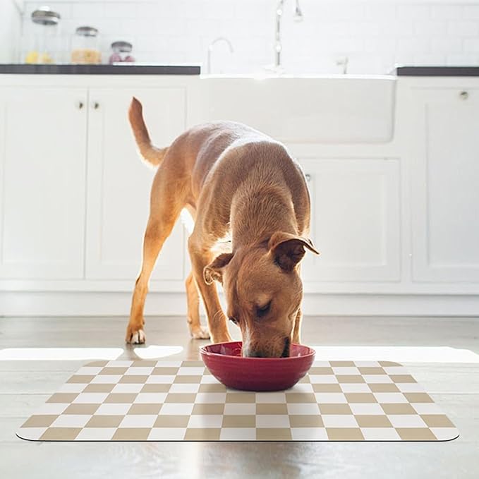 CooRug Checkered Dog Food Mat, Pet Feeding Mat 24" L x 16" W, Beige | Absorbent, Leak-Proof, Anti-slip, Quick Dry, Eco-friendly Materials, Easy to clean and store, For Messy Drinkers