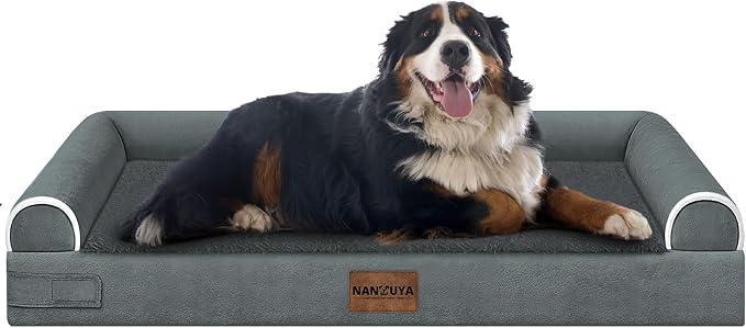 NANUYA Orthopedic Dog Bed for Jumbo Dogs, 53 x 42 Inch, Dark Grey | Egg crate foam for joint support, 3-sided bolster pet sofa, waterproof lining, washable cover, and non-skid base