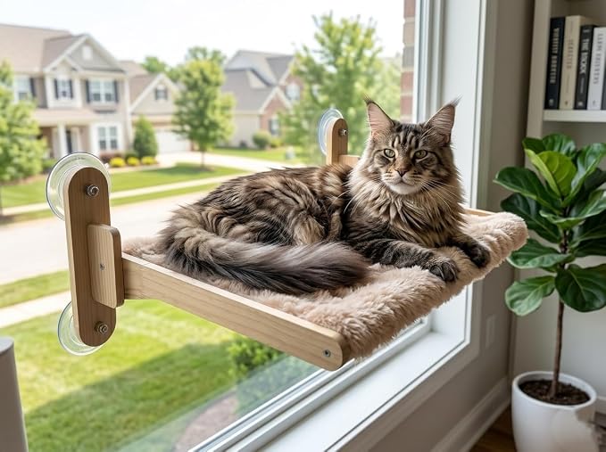 Foldable Window Sill Cat Bed with Cushion and Suction Cups—Features an Orthopedic Hammock Design, Crafted from Premium Hardwood and Equipped with Suction Cups (Styles of Bamboo Mats, 24X13X9)