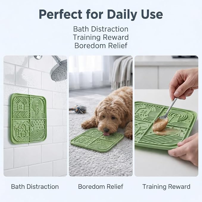 Dog Lick Mat with Suction Cups, 4-Texture Enrichment Slow Feeder for Dogs & Cats, Non-Slip Silicone Licking Pad for Anxiety Relief, Bathing & Training(Green)