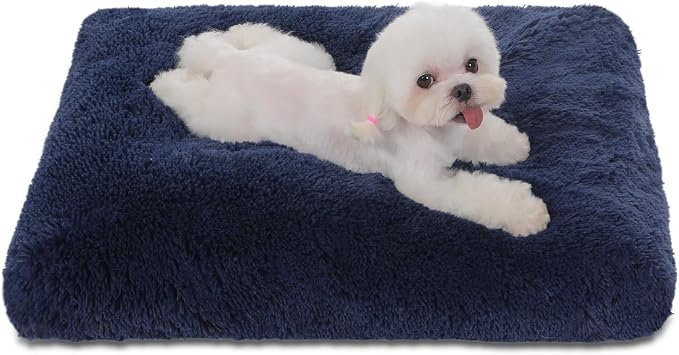 Bedfolks Waterproof Dog Crate Bed, Plush Dog Pad, 23"x18", Solid Dark Blue | Faux Fur Plush Cover, Zippered Removable Washable Outer, Waterproof Inner Lining, Non-Slip Base, Crate Pad and Dog Pillow