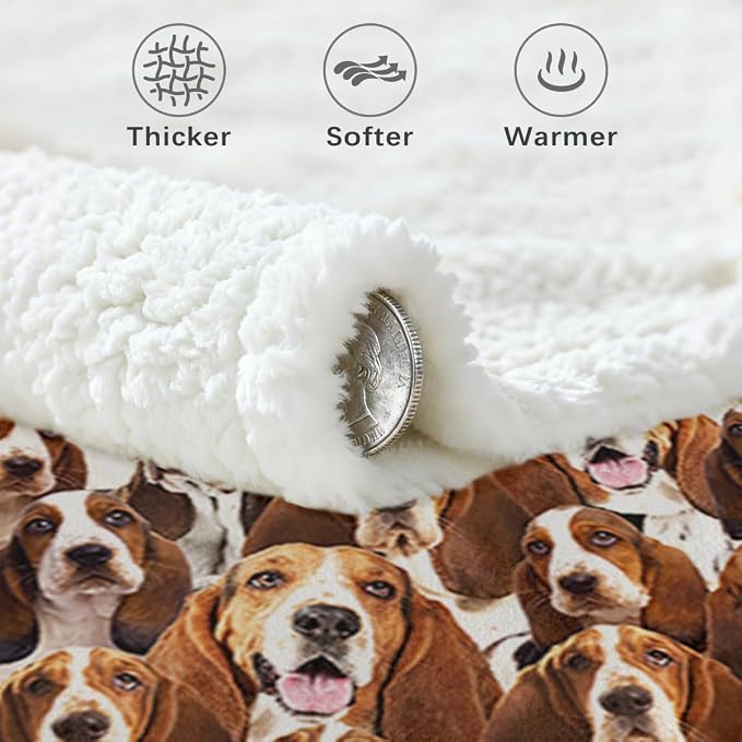 BlessLiving Bassett Hound Brown Throw Blanket with Dense Dog Patterns Sherpa Fleece Blanket Couch Bed, Soft Cozy Warm Pet Blankets for Puppy Lovers Cute Animal Print Gift 60x80 Inches