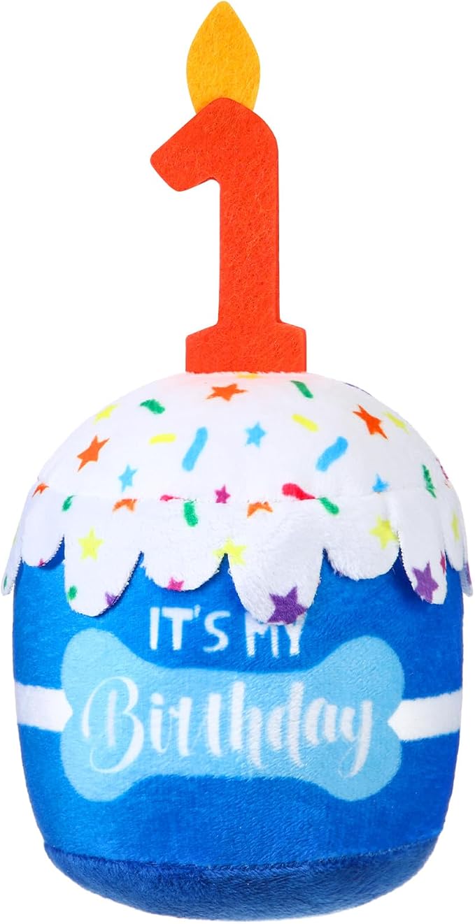 Dansydaisy Dog Birthday Cake Toy Squeaky Plush Toy for Girl Boy Gifts, Chew Accessories for Dog Birthday Party Decor Favor for Large, Medium and Small Dogs(1st,Blue)