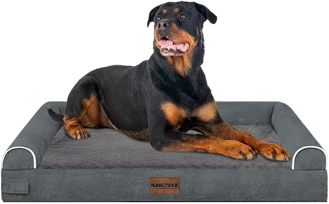 NANUYA Orthopedic Dog Bed for XX-Large Dogs, 44 x 34 Inch, Dark Grey | Egg crate foam for joint support, 3-sided bolster pet sofa, waterproof lining, washable cover, and non-skid base
