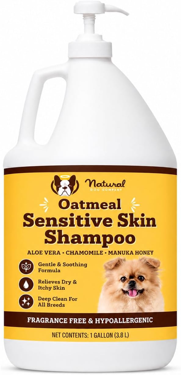 Natural Dog Company Sensitive Skin Dog Shampoo Gallon – Hypoallergenic Oatmeal Shampoo for Dogs, Professional Groomer & Multi-Pet Dog Wash with Aloe Vera & Manuka Honey, Odor Control, 128 oz