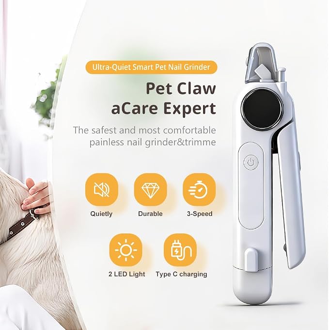 Dog Nail Grinder & Clipper - Rechargeable, Quiet | Rechargeable with LED light. Safe, painless filing for dogs, cats & puppies. Quiet motor. Professional tool（White）