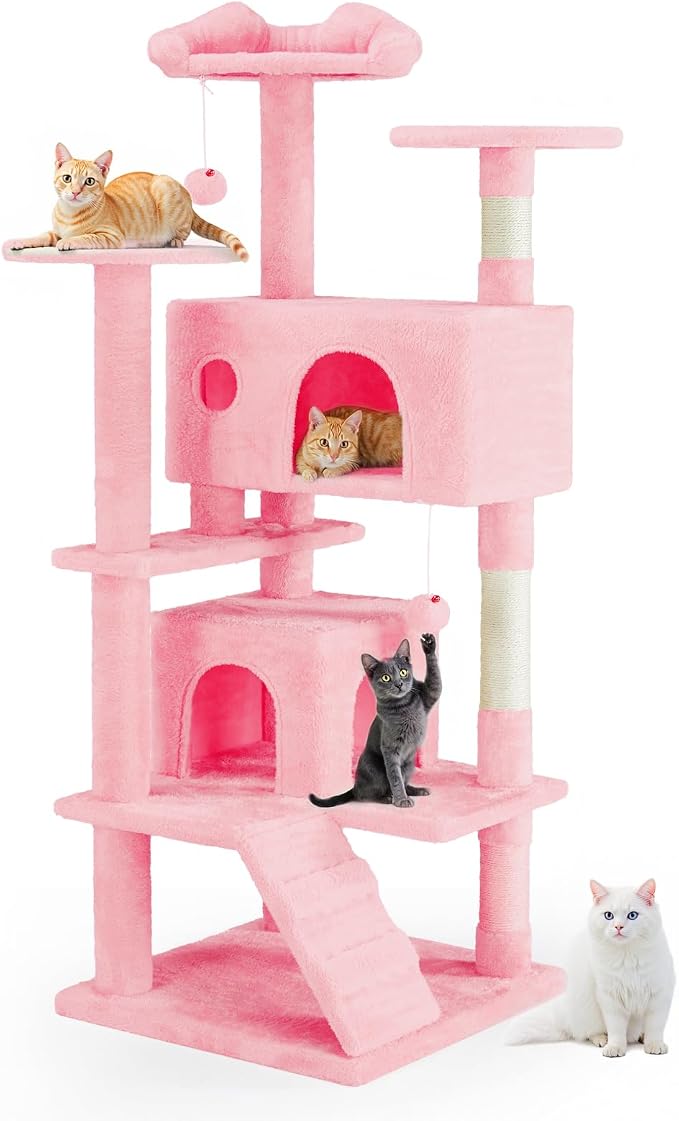 54 Inch Cat Tree Tower with Natural Sisal Scratching Post | Multi-Level Cat Climbing Tower with Hammock, Pet Condo for Indoor Cats and Kittens, Pink
