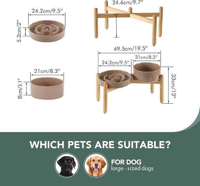 Havniva 9.5” Raised Slow Feeder Dog Bowls Set, 3.2 Cups Ceramic Slow Feeder Dog Bowl and 8.2” Dog Water Bowl with Elevated Wooden Stand Puzzle Dog Food Bowl for Large Dogs Anti-Gulping & Anti-Choking