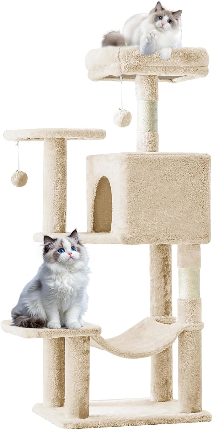 Sweetcrispy 44 Inch Cat Tree Tower for Indoor Cats and Kittens | Multi Level Cat Climbing Tower with Natural Sisal Scratching Posts, Hammock, Pet Condo, Beige