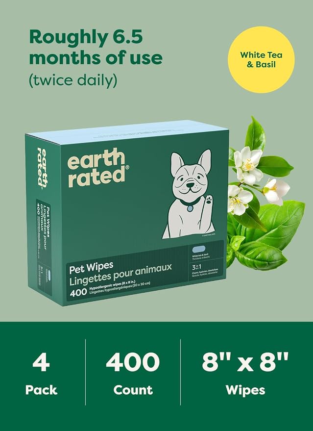 Earth Rated Dog Wipes for Paws & Butt, Deodorizing, White Tea & Basil 400ct | Hypoallergenic, 3-in-1 Cleaning and Hydrating, for Grooming Paws, Body and Butt