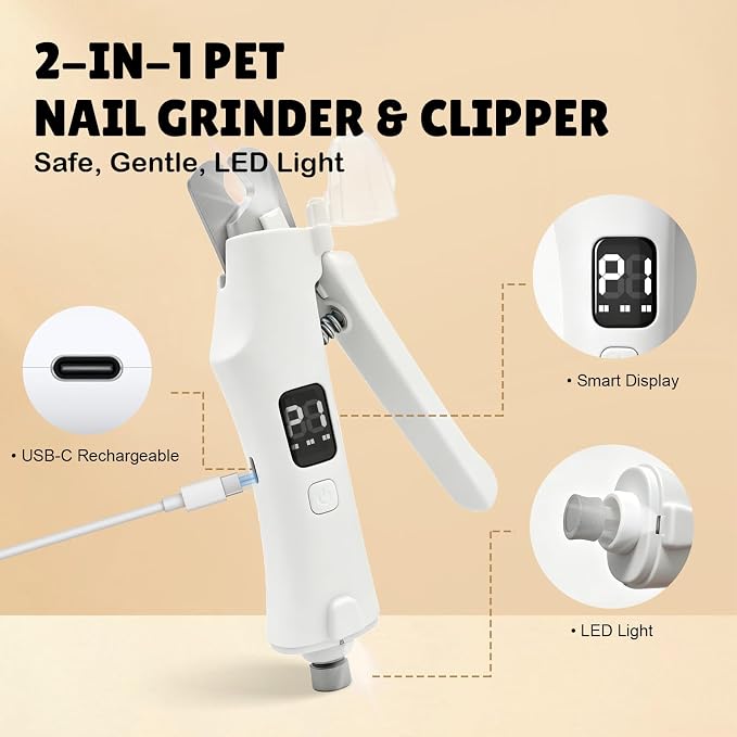 2-in-1 Dog Nail Clippers and Grinder with LCD Battery Display - Professional Cat Claw Trimmer with Built-in Safety Light & Guard, Ultra Quiet Rechargeable Pet Claw Grooming Tool for Large & Small Pets