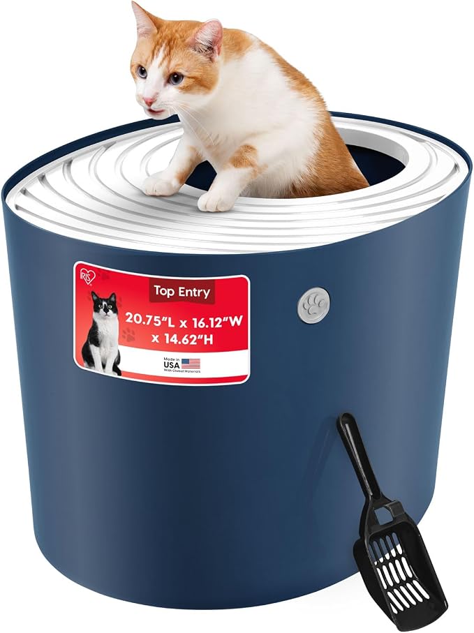 IRIS USA Large Cat Litter Box with Lid, Top Entry Design, Covered Enclosure, Dog Proof, Litter Scatter Control, Odor Reducing, Includes Scoop for Indoor Cats & Kittens, Navy/White, Made in the USA