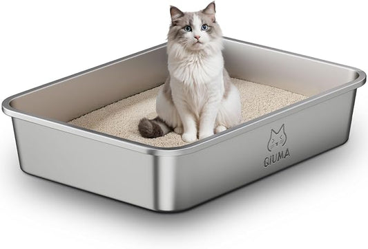Qiuma Jumbo Stainless Steel Cat Litter Box, 27.5"×19.6"×5.9", XXL Metal Litter Pan with High Sides, Odor-Free, Non-Stick, Easy to Clean, Ideal for Extra-Large Cats & Multi-Cat Households