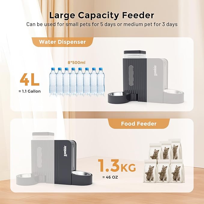 ZOMISIA Gravity Cat Feeder and Water Dispenser with 304 Stainless Steel Bowls, 2 in 1 Automatic Cat Feeder with 180 Degree Rotatable Water Bowl, Large Capacity for Puppy Kitten Rabbits, Black