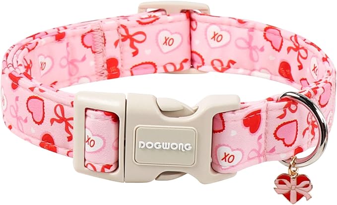 DOGWONG Valentine's Day Dog Collar-Cute Pink Bow Heart Pattern Dog Collars, Adjustable Valentine Heart Pet Collars Puppy Collar with Quick Release Buckle for Girl&Boy Dogs,XS