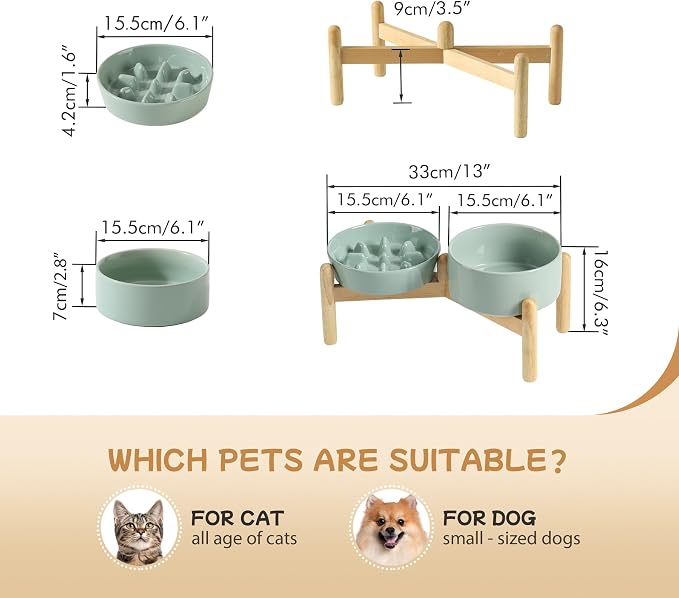 Havniva 6.1” Raised Slow Feeder Dog Bowls Set, 0.9 Cups Ceramic Slow Feeder Dog Bowl and 6.1” Dog Water Bowl with Elevated Wooden Stand Puzzle Dog Food Bowl for Small Dogs Anti-Gulping & Anti-Choking