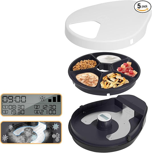 UBPET Cat Wet Food Automatic Feeder with Cooling, Semiconductor Refrigeration, with Timer, 5 Food Compartments for 330g Pet Food Each, Premium Meal Plates, Washable, for Cats