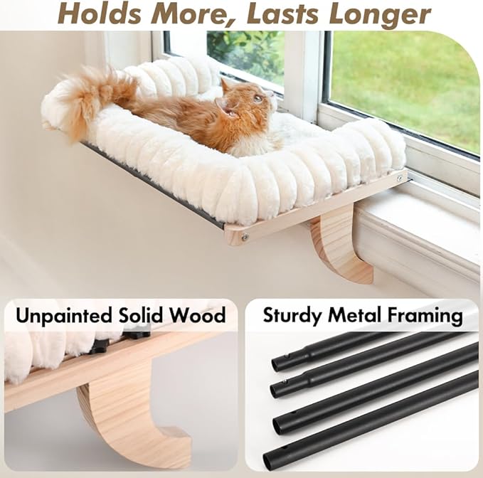 Cloud-Soft Cat Window Sill Perch, Zipper Design Cushion Pet Bed, M | Solid Wood & Sturdy Metal Frame, Machine Washable, Unobstructed Front View, Panoramic and Roomy Cat Hammock for Large Cats