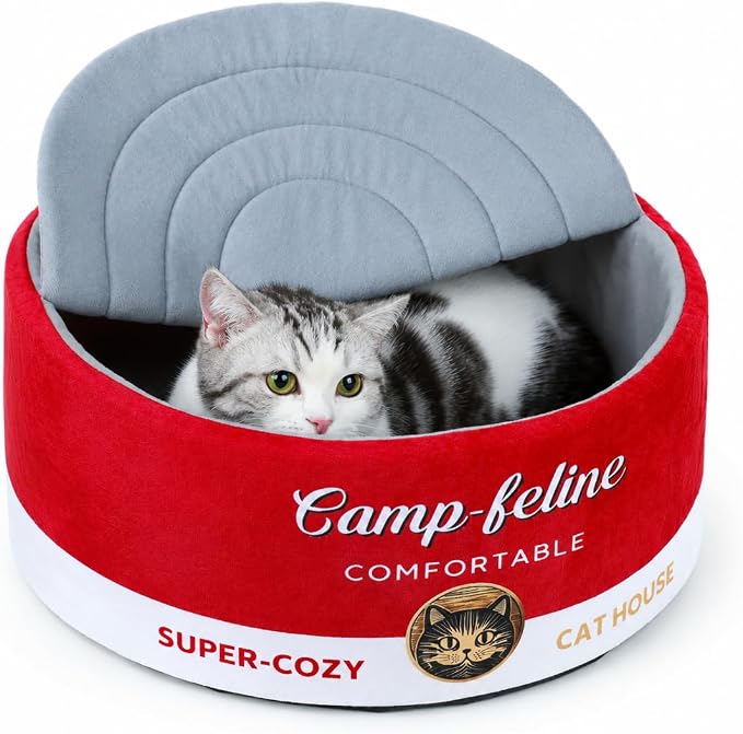 PECHVINO Can-Shaped Cat Bed – Ramen Bowl Cat Bed with Cover | Cute Enclosed Bed with Ultra-Soft Cushion, Private & Cozy Design for Cats & Small Dogs
