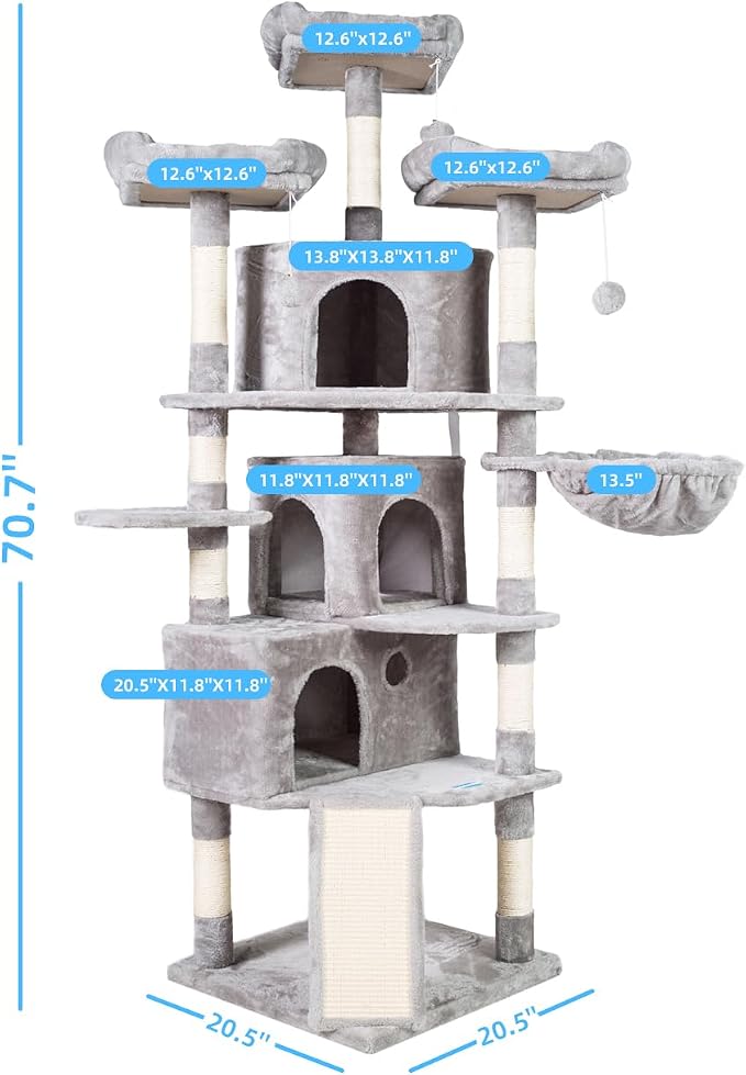 Hey-brother Cat Tree Tower with Multi-Level Large Condo, Platform, MPJ032W | 73.4 Inch Cat Tower with 3 Caves, 3 Cozy Perches, Scratching Posts, Board, Activity Center Stable for Indoor Cats, Light Gray