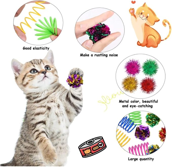 36 PCS Cat Crinkle Balls Toy and Cat Spring Toy, 12 Pcs Mylar Crinkle Ball, 12 Pcs Cat Spiral Spring, 12Pcs Sparkle Balls Tinsel poms, for Cats Kittens Playing Interacting