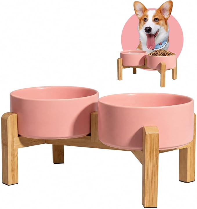 Elevated Ceramic Dog Bowl Set - Raised Dog Bowls with Non-Slip Bamboo Stand - Dog Food and Water Bowl Set - Double Dog Feeding Bowls - Suitable for Small and Medium Dogs - 28.74 OZ - 3.6 CUPS - 850 ML