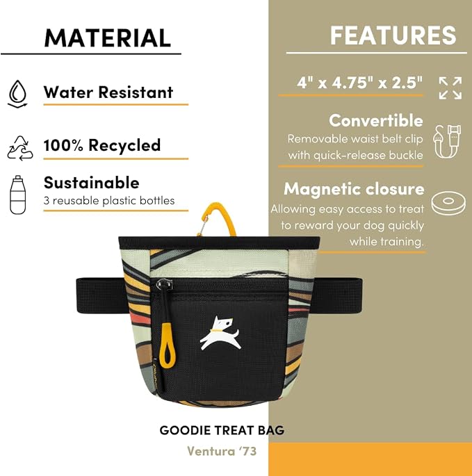Goodie Treat Bag, Dog Treat Training Pouch | Magnetic Closure | 3 Ways to Wear | Hands-Free Waist Belt | Water-Resistant Recycled Vegan Fabric (Ventura '73)