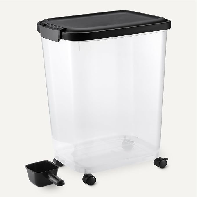 Amazon Basics Pet Food Storage Container with Wheels, BPA-Free, Detachable Scoop, 30lbs Capacity, Reliable Seal
