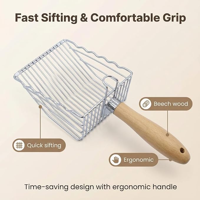 2 Pack Metal Cat Litter Scoops, Heavy-Duty Kitty Scooper with Hook, Stainless Steel Kitten Poop Lifter for Litter Box, Speed Sifter with Comfortable Beech Wood Grip | 2 Pack Metal Cat Litter Scoops