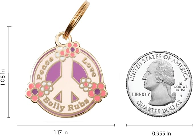 Two Tails Pet Company Personalized 'Peace, Love, Belly Rubs' Pet ID Tag & Collar Charm - Custom Engraved Dog Tags for Pets - Luxury Brass, Gold Plating