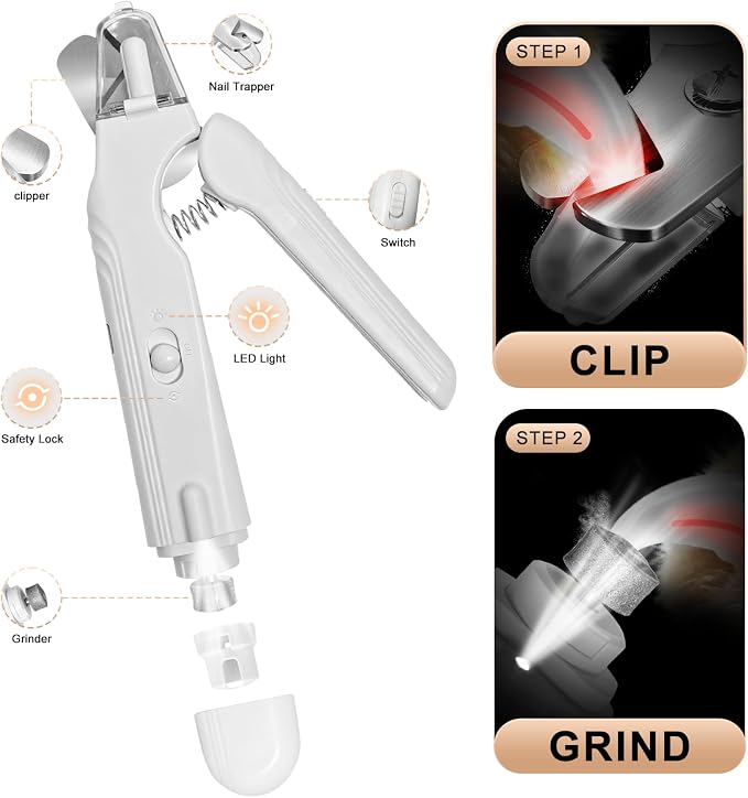 2-in-1 Dog Nail Clippers and Cat Nail Clippers with Light, Quick Sensor and Safety Guard, USB Rechargeable Pet Nail Trimmer with 2 LED Lights for Large Medium Small Dogs and Cats (White)