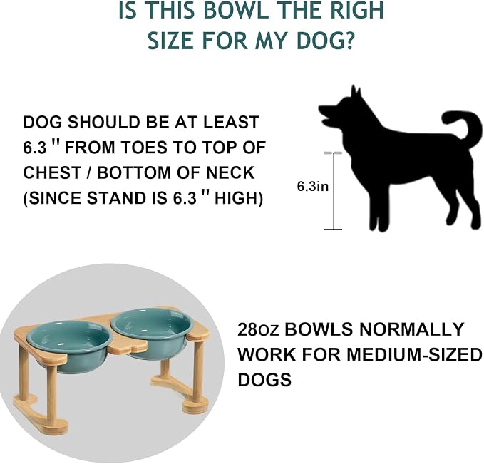 Ceramic Elevated Dog Bowls, Raised Pet Food and Water Bowl Set, Dark Green | Feed Tray For Small and Medium Breeds, 6.9" Wide Double Modern Porcelain Bowls, 6.3" High Wooden Stand, Non-Slip, 28Oz/800ML