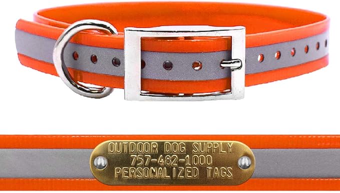 Outdoor Dog Supply 1" Heavy Duty Reflective Waterproof D-Ring Dog Collar for Medium & Large Dogs with 3/4" Custom Brass Nameplate (Reflective Orange, 18")