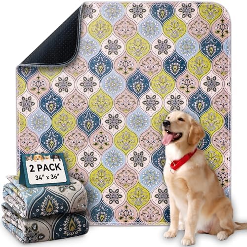 Washable Pee Pads for Dogs, Stylish Absorbent Reusable Training Dog Pads, Non-Slip and Leak-Proof Puppy Pads, Potty Pads for Crates, Whelping, Playpen, Bed and Floors (Cream/Multi, 34" x 36" 2PACK)