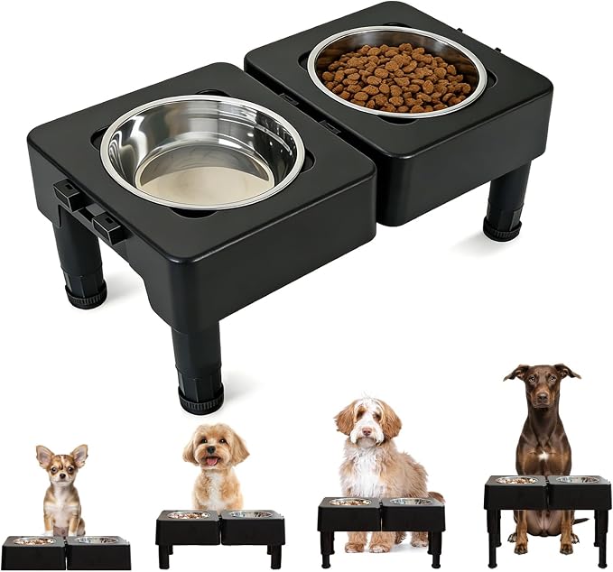 Elevated Dog Bowl Stand, Raised Dog Feeder with Adjustable Height 3.4" to 13.4", Non-Slip Pet Feeding Station Includes 2×27oz Stainless Steel Bowls for Small & Medium Dogs