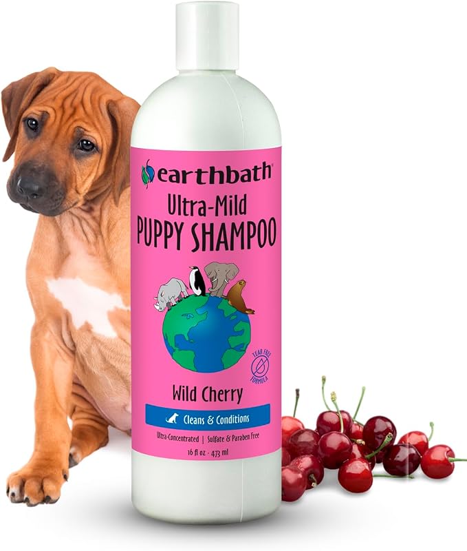 earthbath Ultra-Mild Wild Cherry Puppy Shampoo, Made in USA, 16 Oz (1 Pack) | Extra Gentle & Tearless Dog Shampoo, Deodorizing Dog Wash, Cruelty Free Puppy Supplies