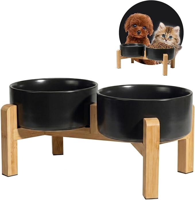 Elevated Ceramic Dog Bowl Set - Raised Feeding Bowls with Non-Slip Bamboo Stand - Small Pet Dishes for Food and Water - Ideal for Cats and Puppies - 16.23 OZ - 2 Cups - 480 ML
