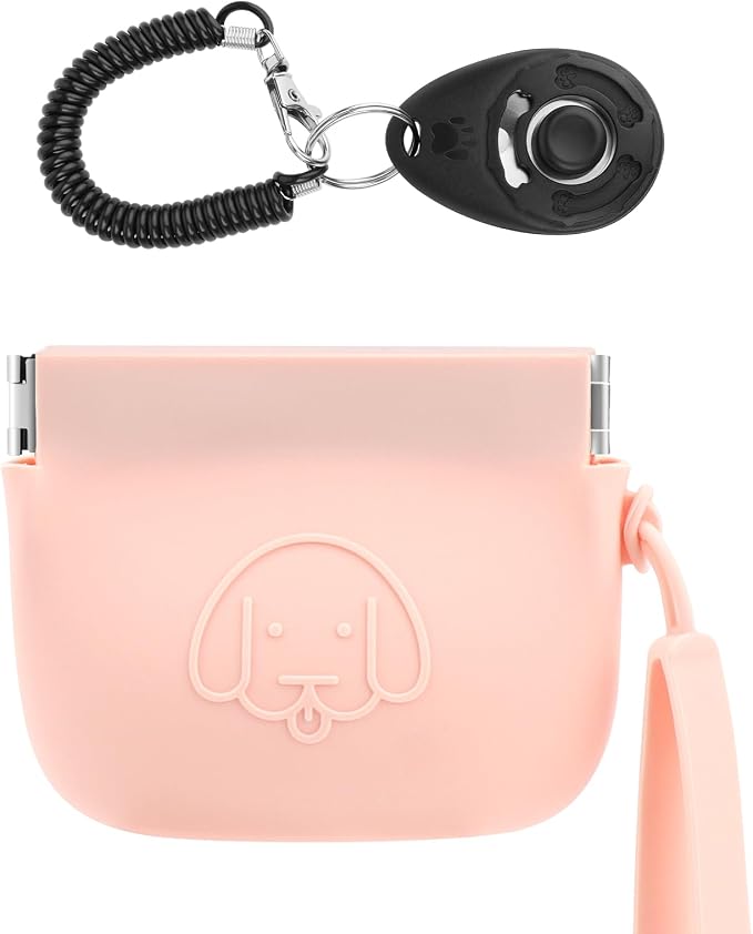 WALLFID Silicone Dog Treat Pouch, Auto Closure, with Pet Training Clicker, Walking Bag for Dog and Cat, Pocket Size, Easy to Clean, Odorless, Travel Bag (Pink)