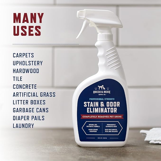 Rocco & Roxie Enzyme Stain & Odor Eliminator, 32 Fl Oz | Bio-enzymatic urine destroyer; CRI Certified Safe; made in USA; for carpets, bedding, litter boxes, crates & cars