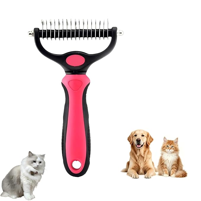 Dematting Comb for Dogs and Cats, 2026 New Undercoat Rake Pet Brush for Long Hair, 2-in-1 Dual-Sided Deshedding Dog Brush Removes Tangles Knots and Loose Fur, Grooming Tool for Thick Coats (Pink L)