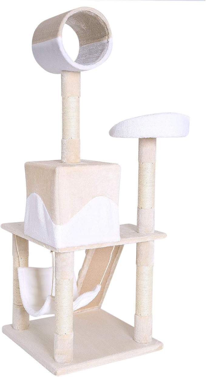 lionto Scratching Tree for Cats with Hammock & Tunnel, Height 52,4 in, cat Tree with sisal Rope & Soft Plush, Cozy Lying Areas & Caves, Suitable for Small & Large Cats, Beige/White