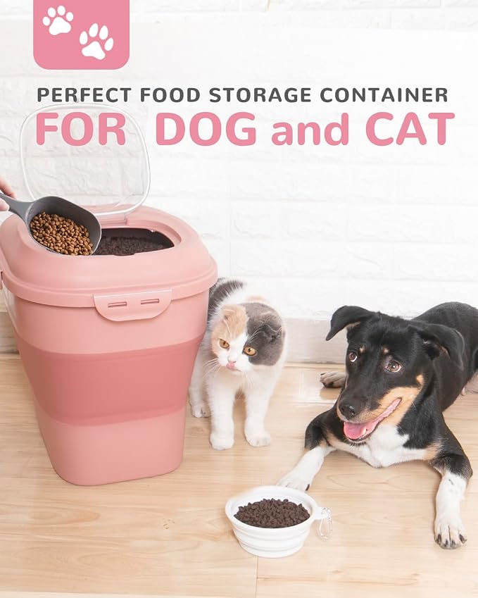 30-35Lbs Airtight Dog Food Storage Container,Collapsible Dog Food Container | Large Pet Food Storage Container with Double Airtight Seal & Magnetic Lid,Dog Food Bin with Wheels,2Pcs Containers,Scoop,Pink