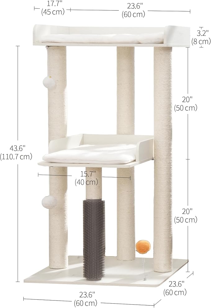 43.7" Cat Tree, Modern Cat Tree Tower, Cat Tower for Indoor Cats Large Adult, Cat Condo with Scratching Post, Large Perch and Removable Pads, White