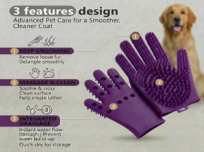 Pet Grooming Gloves for Cats & Dogs – Silicone Hair Removal Glove for Bathing, Shedding & Massage – Gentle Mitt for Long & Short Hair Pets with Drainage System