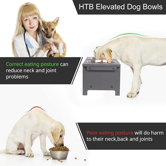HTB Elevated Dog Bowl Stand with 2 Stainless Steel Bowls-7" H Medium Grey | Raised Dog Bowl Stand, 7"tall, 29 Oz Bowls, for Medium Sized Dogs, Pet-safe, Solid Bamboo